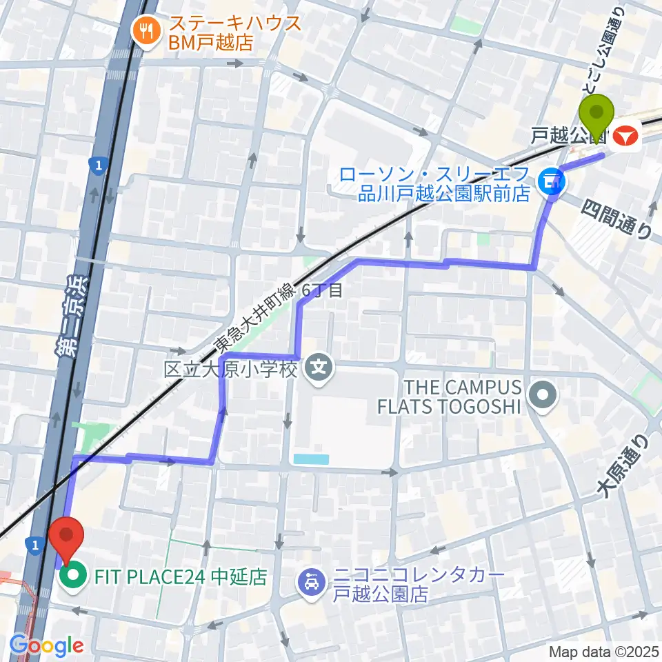 戸越公園駅からPrayers Studioアトリエへのルートマップ地図
