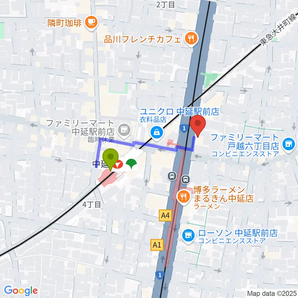 Prayers Studioアトリエの最寄駅中延駅からの徒歩ルート（約2分）地図