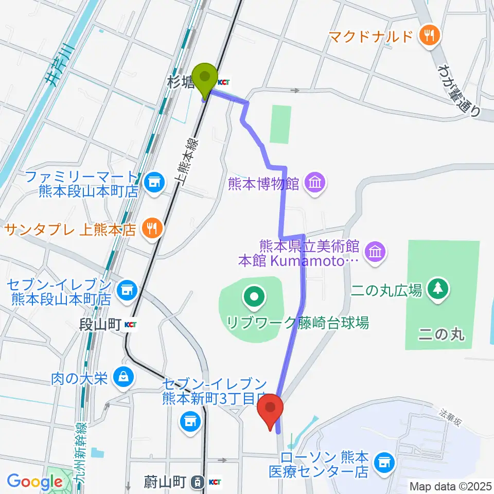 杉塘駅から熊本市子ども文化会館へのルートマップ地図