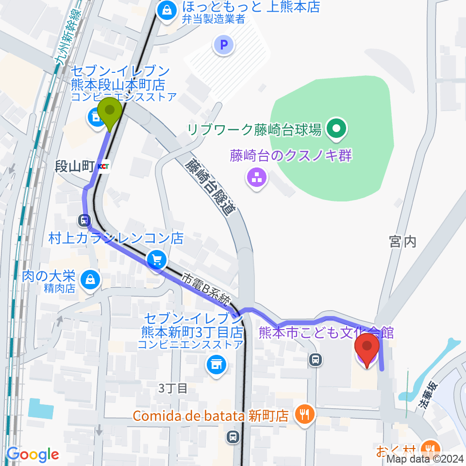 段山町駅から熊本市子ども文化会館へのルートマップ地図