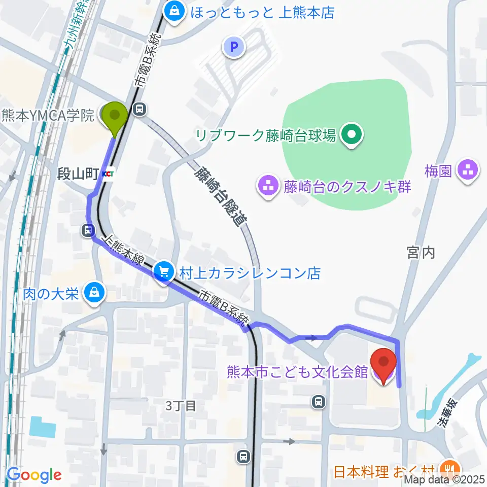 段山町駅から熊本市子ども文化会館へのルートマップ地図
