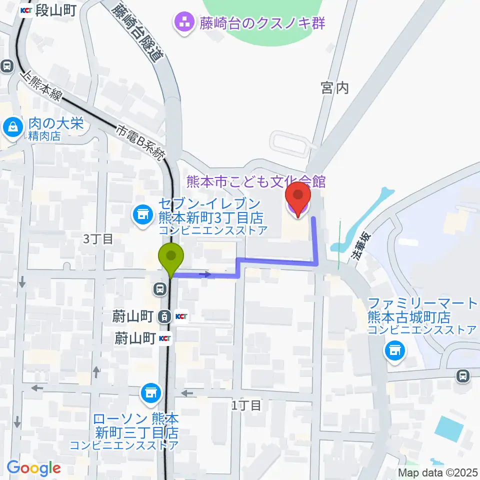 熊本市子ども文化会館の最寄駅蔚山町駅からの徒歩ルート（約2分）地図