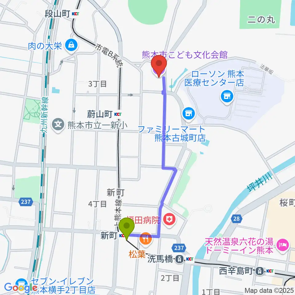 新町駅から熊本市子ども文化会館へのルートマップ地図