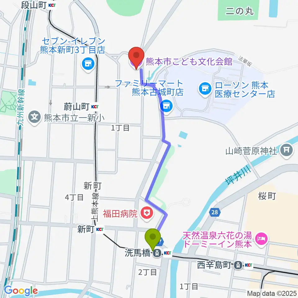 洗馬橋駅から熊本市子ども文化会館へのルートマップ地図