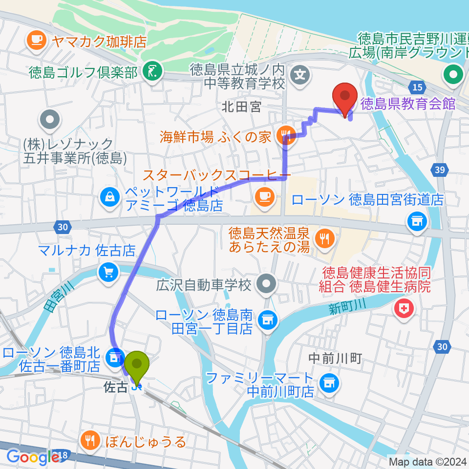 徳島県教育会館の最寄駅佐古駅からの徒歩ルート（約23分）地図