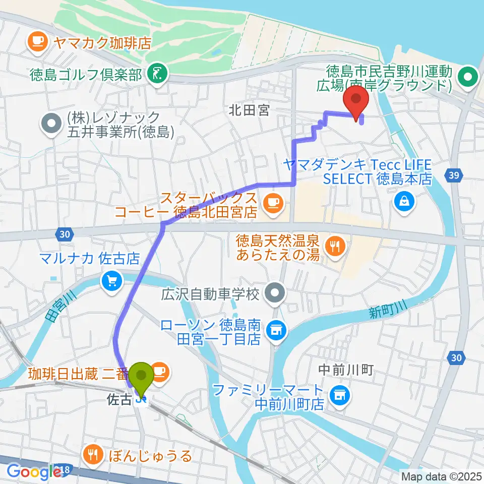 徳島県教育会館の最寄駅佐古駅からの徒歩ルート（約23分）地図