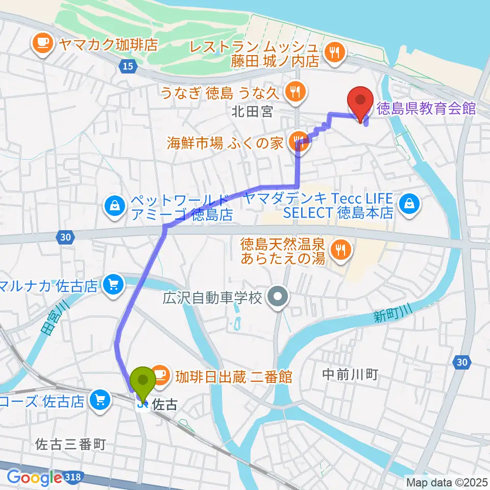 徳島県教育会館の最寄駅佐古駅からの徒歩ルート（約23分）地図