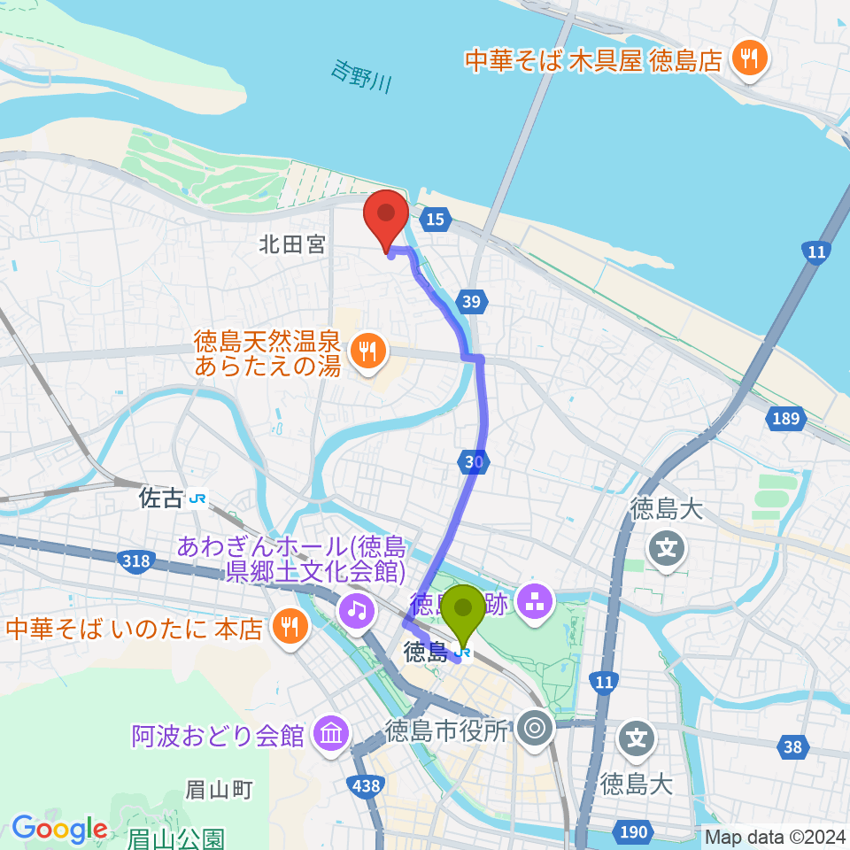 徳島駅から徳島県教育会館へのルートマップ地図