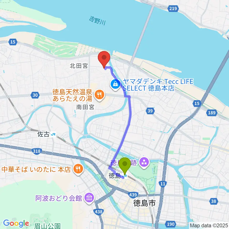徳島駅から徳島県教育会館へのルートマップ地図