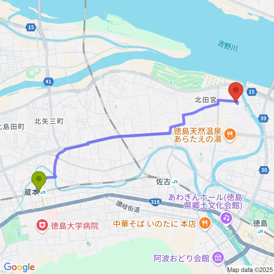 蔵本駅から徳島県教育会館へのルートマップ地図