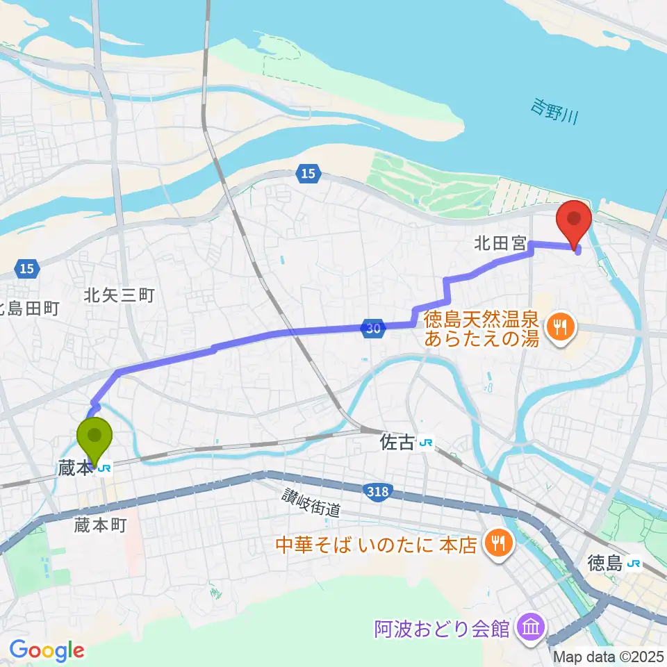 蔵本駅から徳島県教育会館へのルートマップ地図
