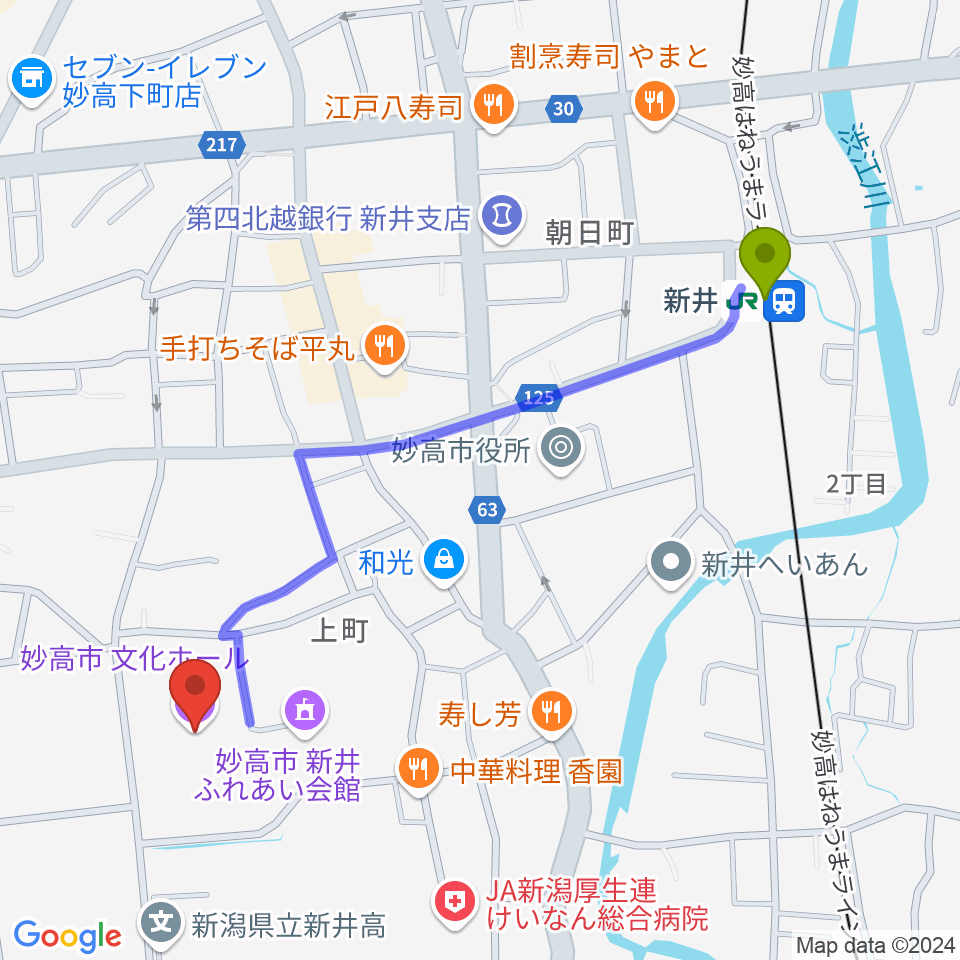 妙高市文化ホールの最寄駅新井駅からの徒歩ルート（約11分）地図