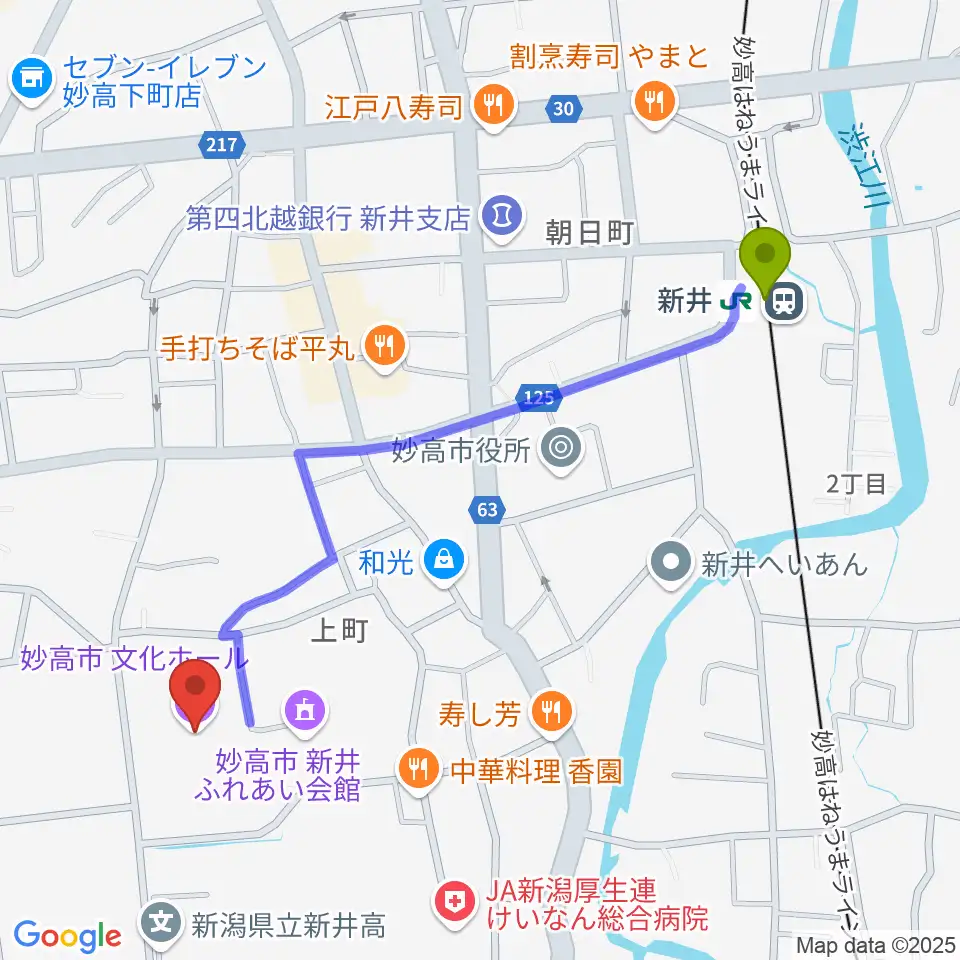 妙高市文化ホールの最寄駅新井駅からの徒歩ルート（約11分）地図