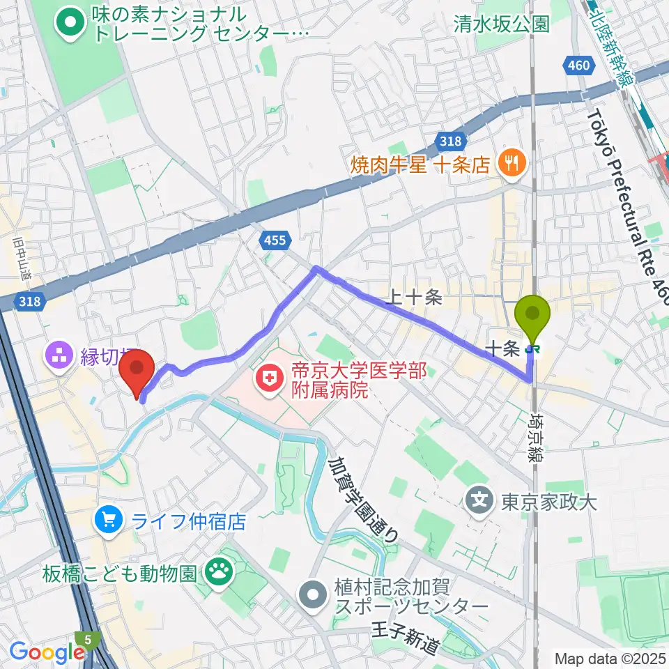 十条駅からリボーンウッドスタジオへのルートマップ地図