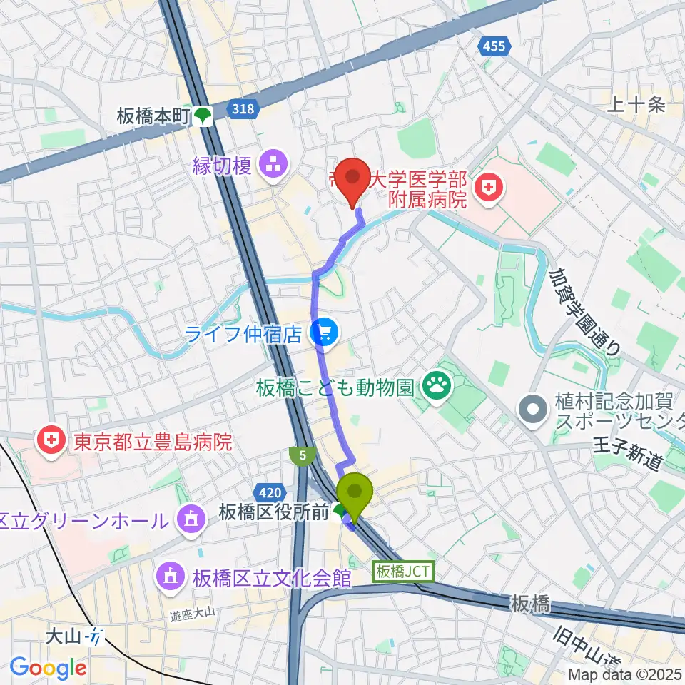 板橋区役所前駅からリボーンウッドスタジオへのルートマップ地図