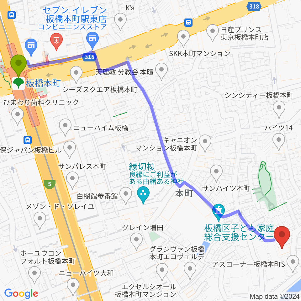 リボーンウッドスタジオの最寄駅板橋本町駅からの徒歩ルート（約8分）地図
