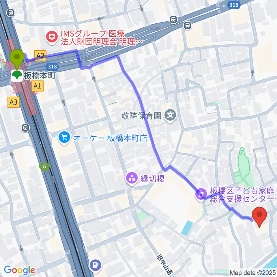 リボーンウッドスタジオの最寄駅板橋本町駅からの徒歩ルート（約8分）地図