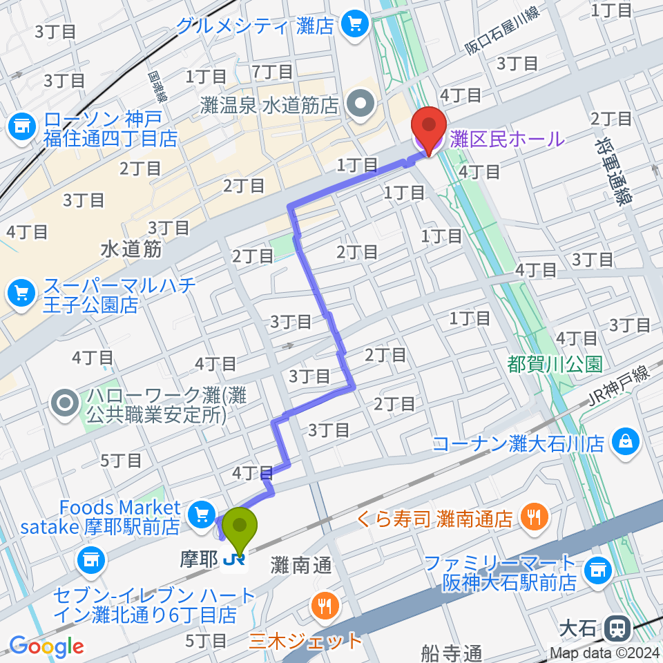 灘区民ホールの最寄駅摩耶駅からの徒歩ルート（約10分）地図