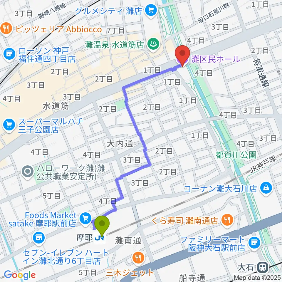 灘区民ホールの最寄駅摩耶駅からの徒歩ルート（約10分）地図