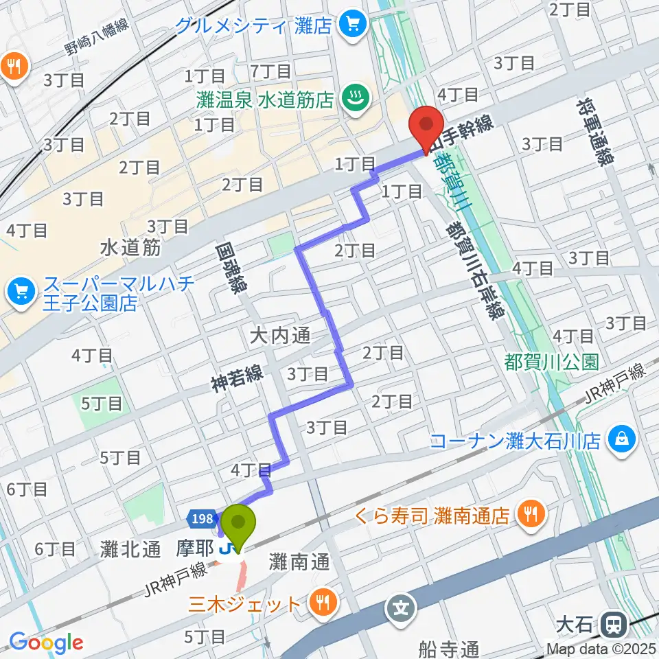 灘区民ホールの最寄駅摩耶駅からの徒歩ルート（約10分）地図