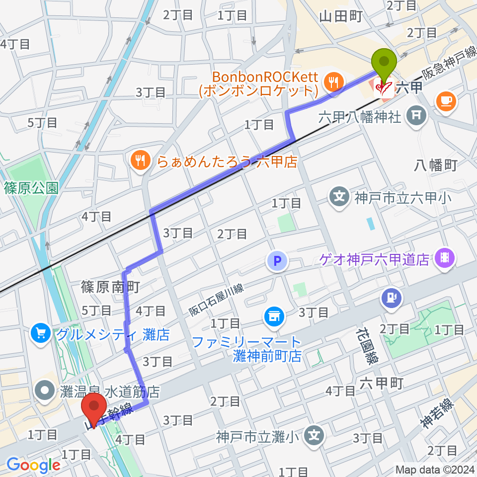 六甲駅から灘区民ホールへのルートマップ地図