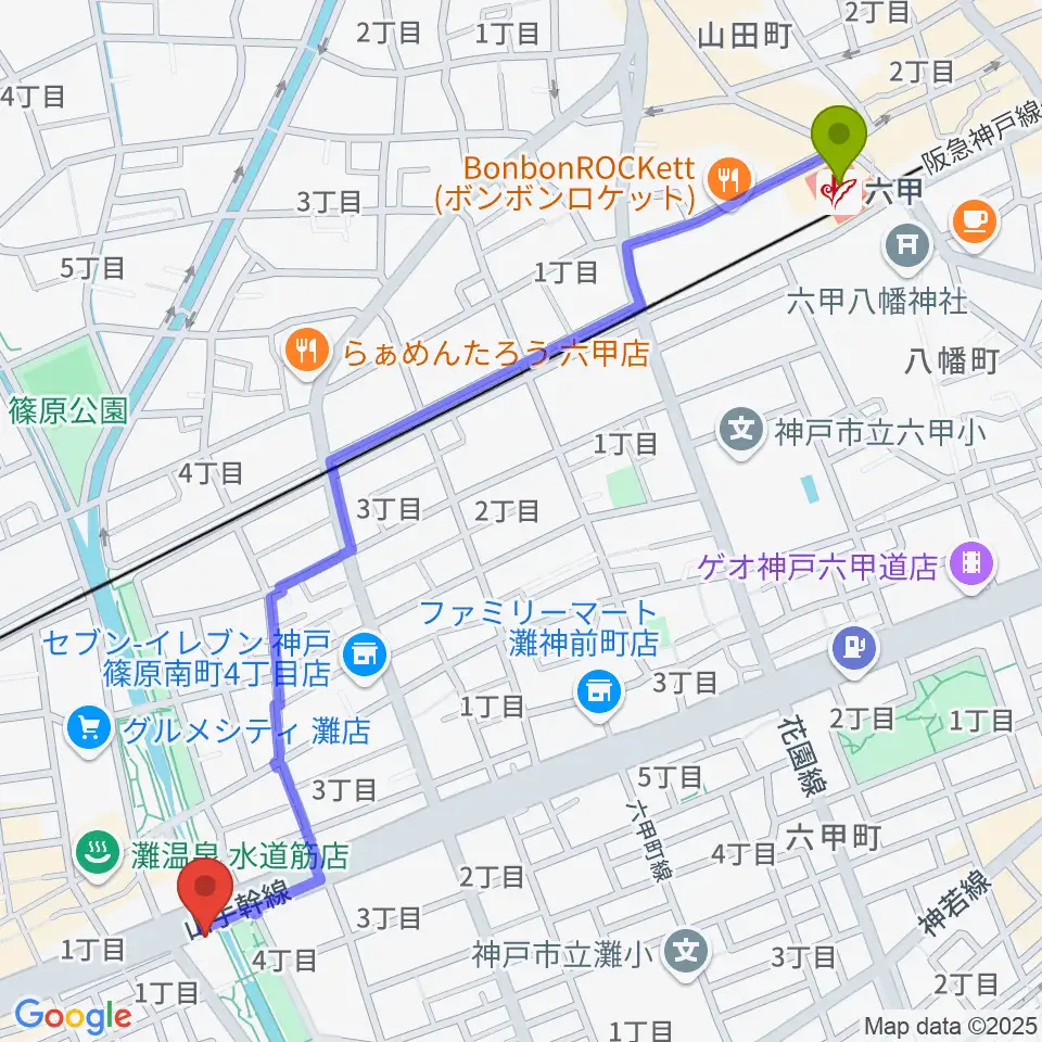 六甲駅から灘区民ホールへのルートマップ地図