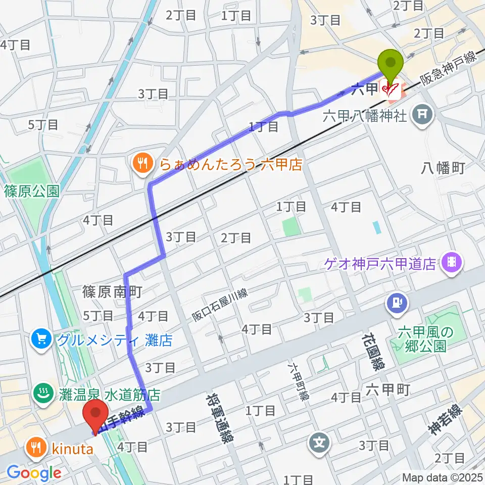 六甲駅から灘区民ホールへのルートマップ地図