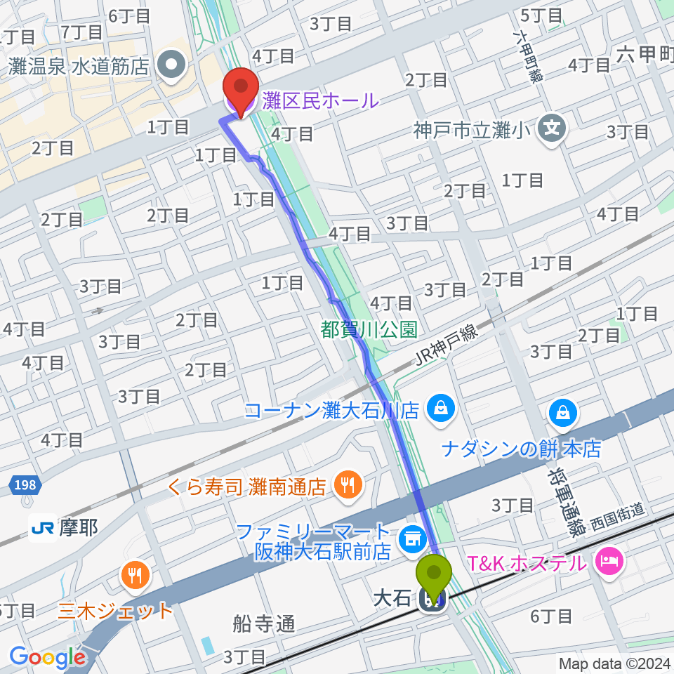 大石駅から灘区民ホールへのルートマップ地図