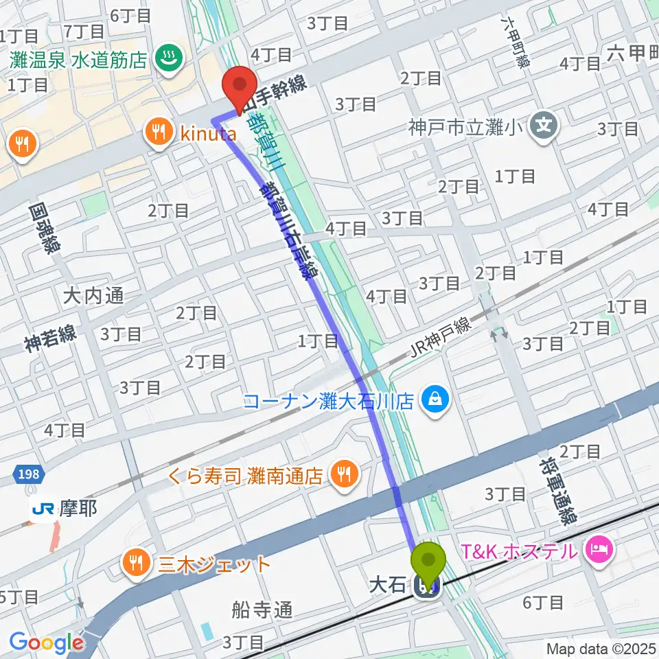大石駅から灘区民ホールへのルートマップ地図
