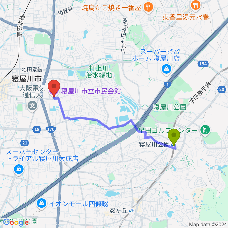 寝屋川公園駅から寝屋川市立市民会館へのルートマップ地図