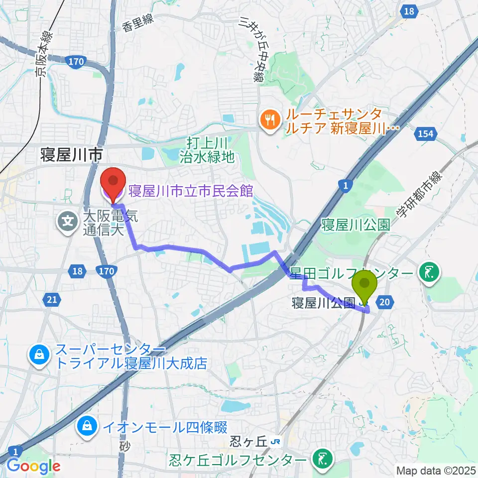 寝屋川公園駅から寝屋川市立市民会館へのルートマップ地図