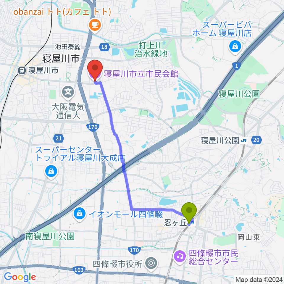 忍ケ丘駅から寝屋川市立市民会館へのルートマップ地図