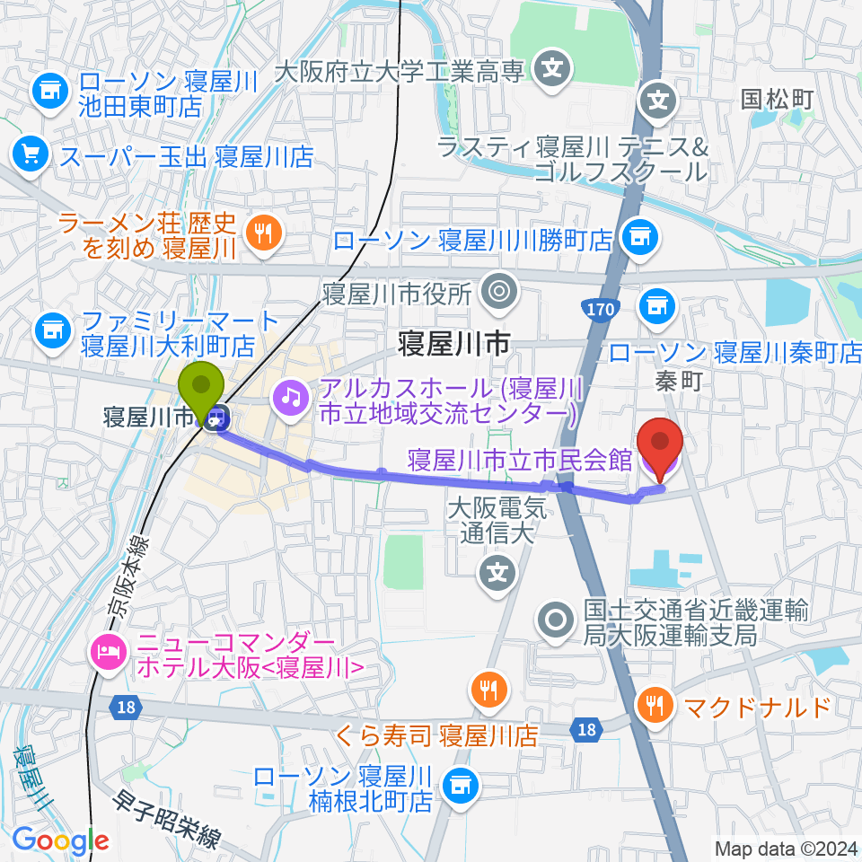 寝屋川市立市民会館の最寄駅寝屋川市駅からの徒歩ルート（約17分）地図