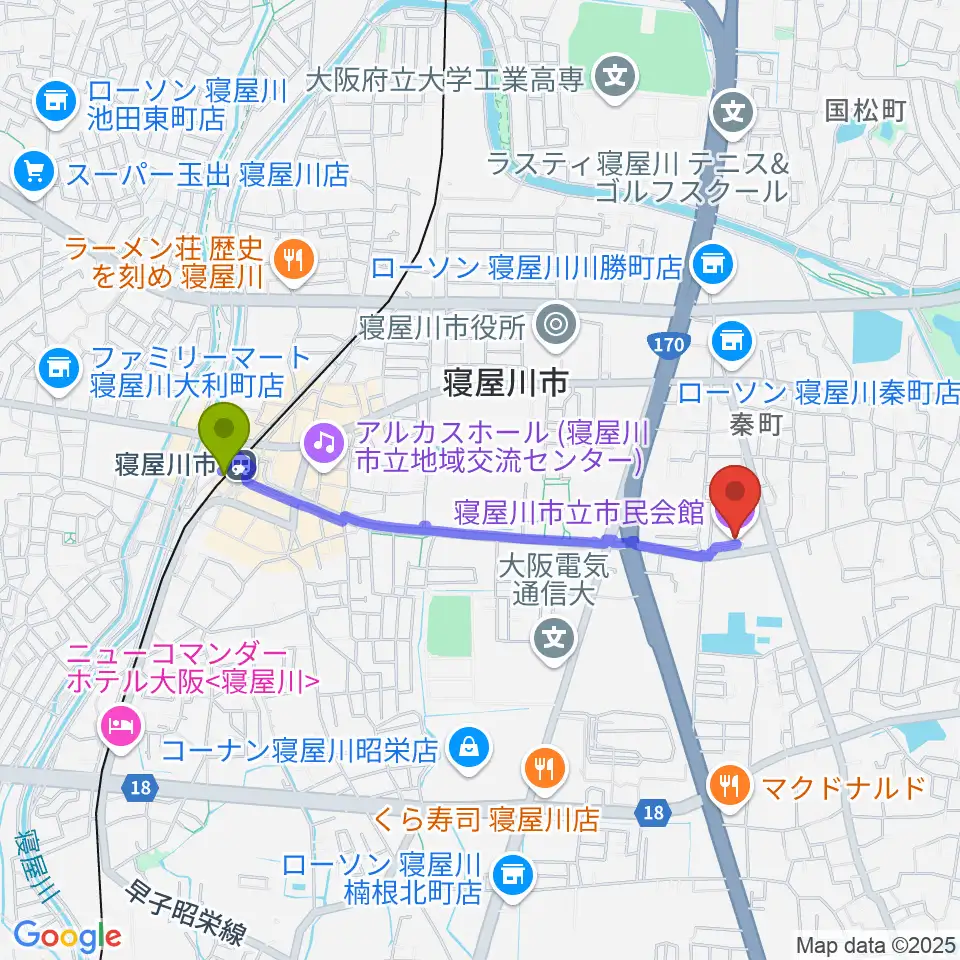 寝屋川市立市民会館の最寄駅寝屋川市駅からの徒歩ルート（約17分）地図