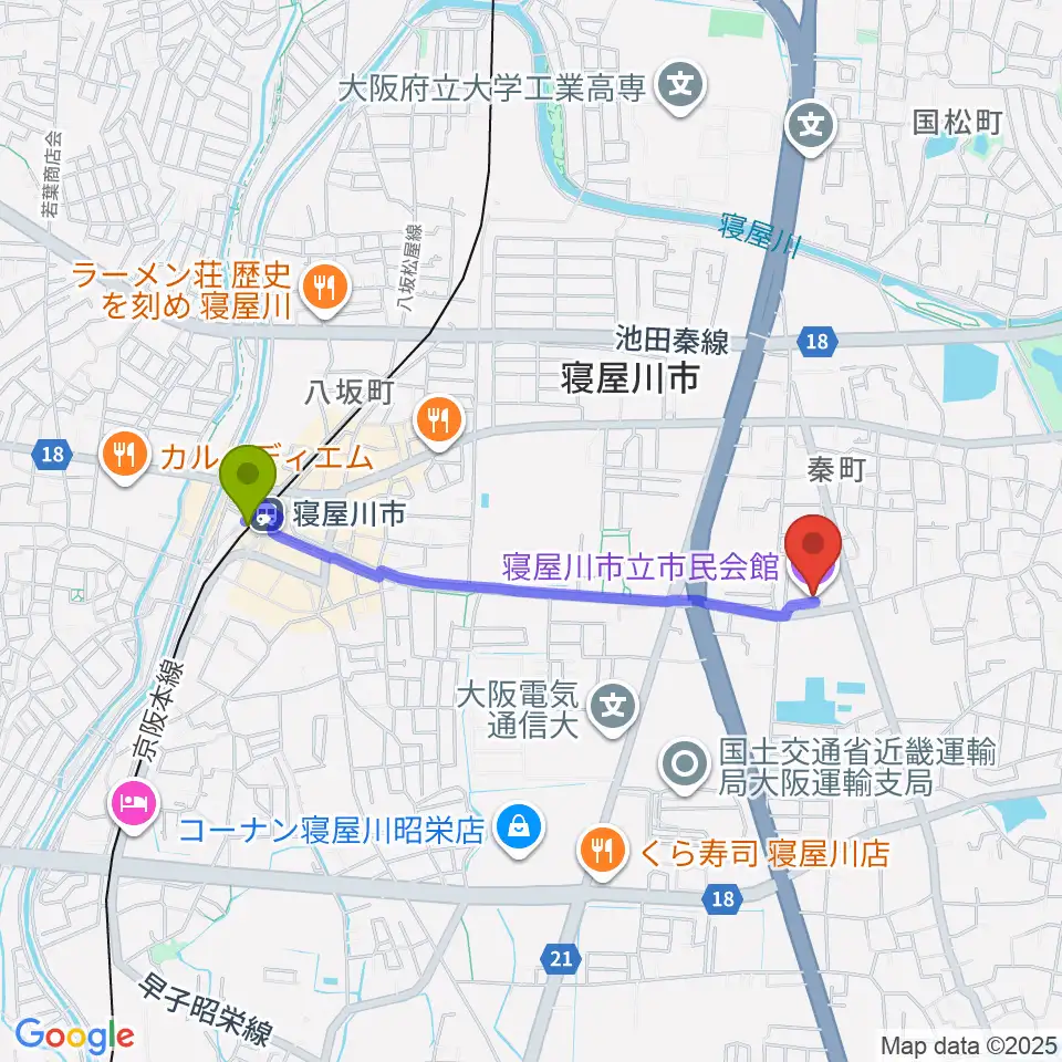 寝屋川市立市民会館の最寄駅寝屋川市駅からの徒歩ルート（約17分）地図