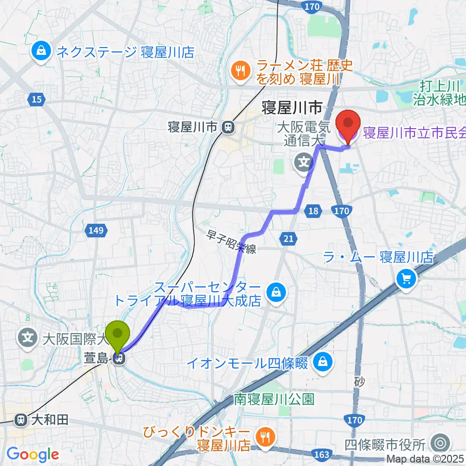 萱島駅から寝屋川市立市民会館へのルートマップ地図