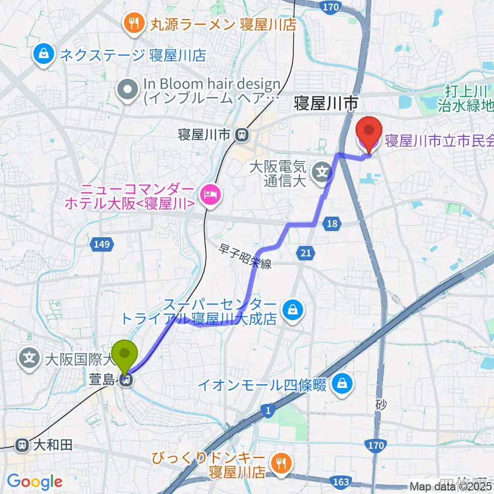 萱島駅から寝屋川市立市民会館へのルートマップ地図