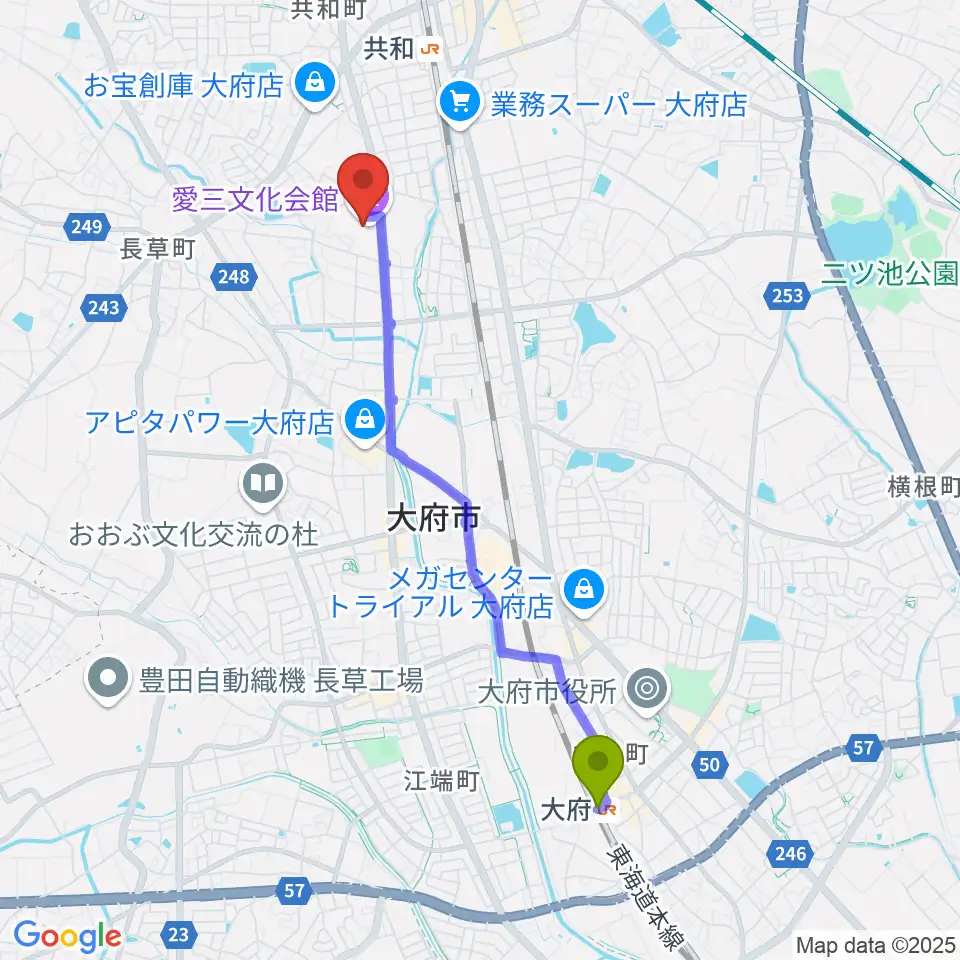 大府駅から愛三文化会館へのルートマップ地図