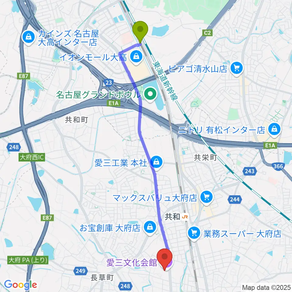 南大高駅から愛三文化会館へのルートマップ地図