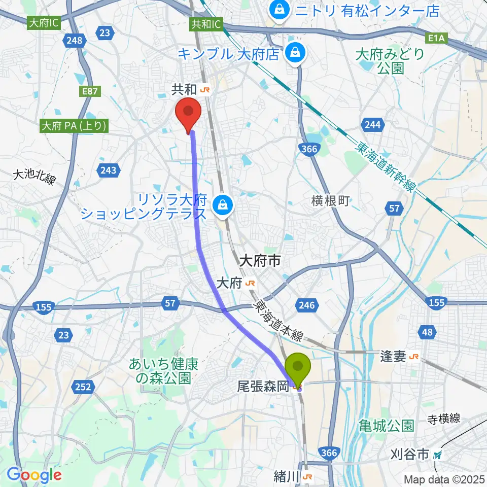 尾張森岡駅から愛三文化会館へのルートマップ地図