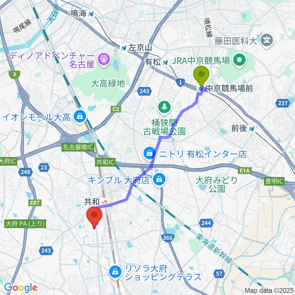 中京競馬場前駅から愛三文化会館へのルートマップ地図