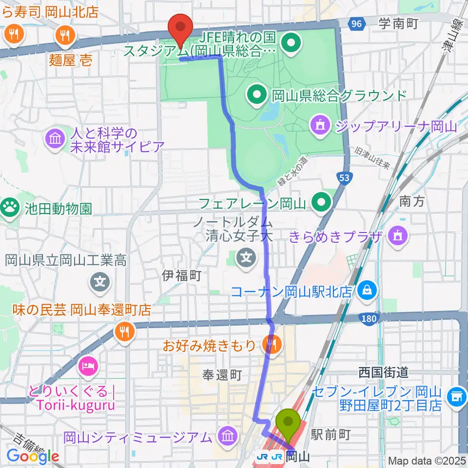 岡山駅から岡山武道館へのルートマップ地図