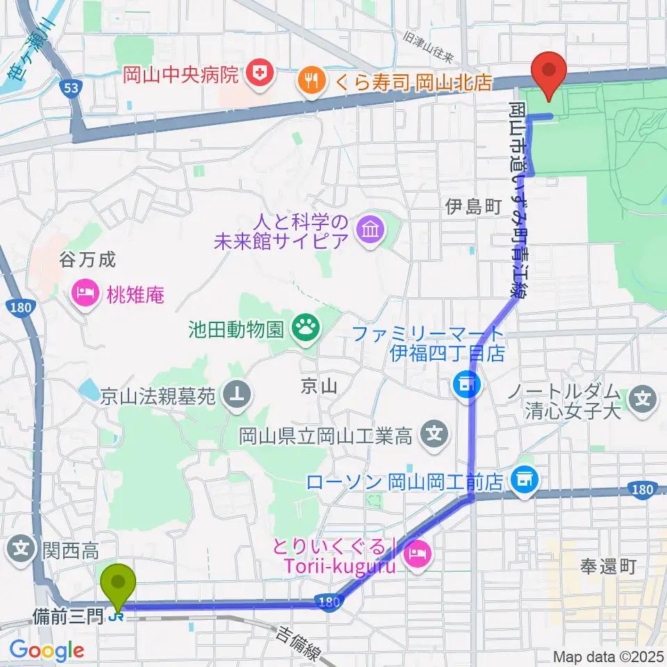 備前三門駅から岡山武道館へのルートマップ地図