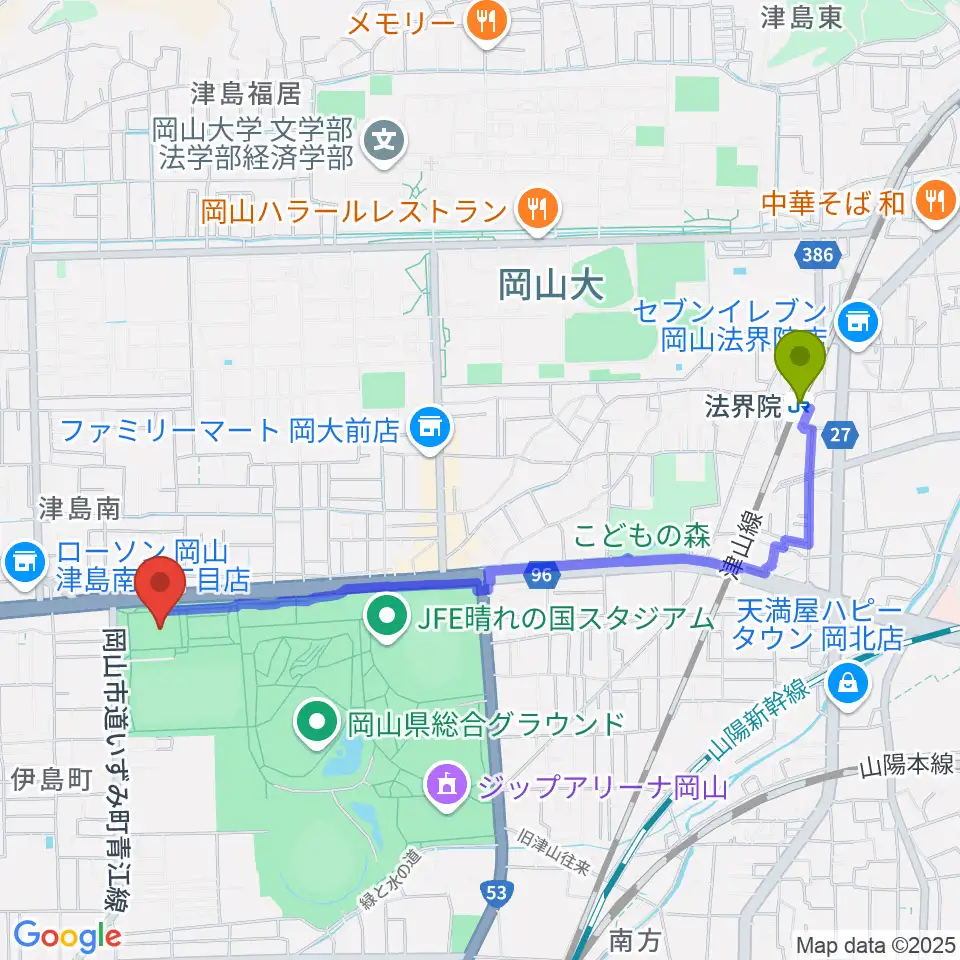 岡山武道館の最寄駅法界院駅からの徒歩ルート（約22分）地図