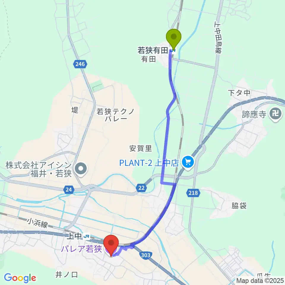 若狭有田駅からパレア若狭へのルートマップ地図