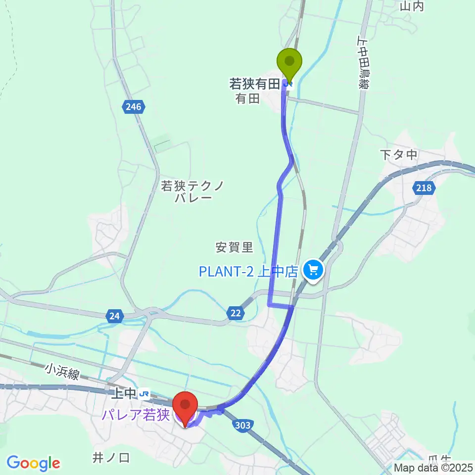 若狭有田駅からパレア若狭へのルートマップ地図
