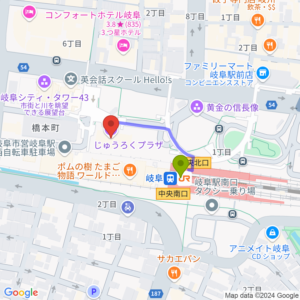 じゅうろくプラザの最寄駅岐阜駅からの徒歩ルート（約2分）地図