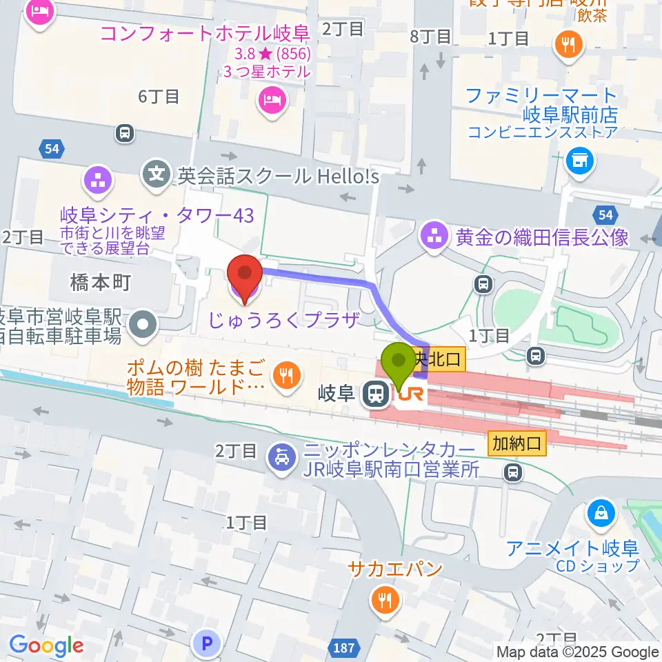 じゅうろくプラザの最寄駅岐阜駅からの徒歩ルート（約2分）地図