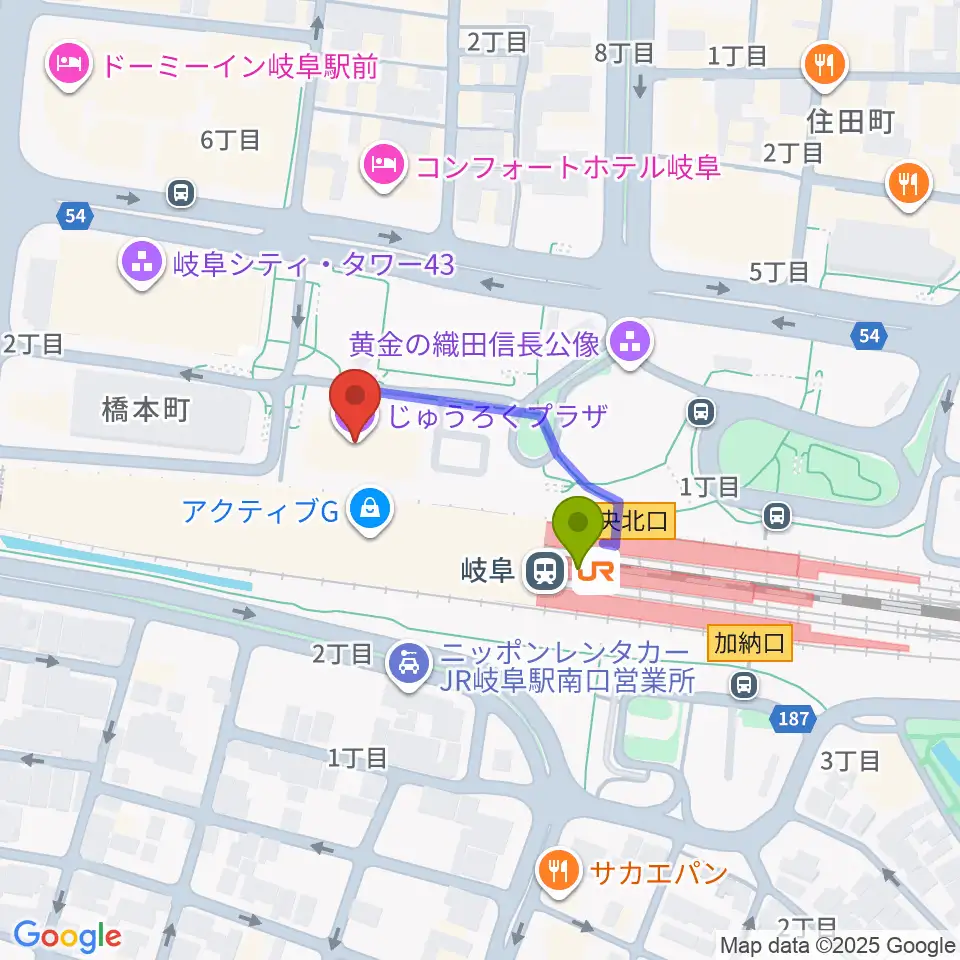 じゅうろくプラザの最寄駅岐阜駅からの徒歩ルート（約2分）地図