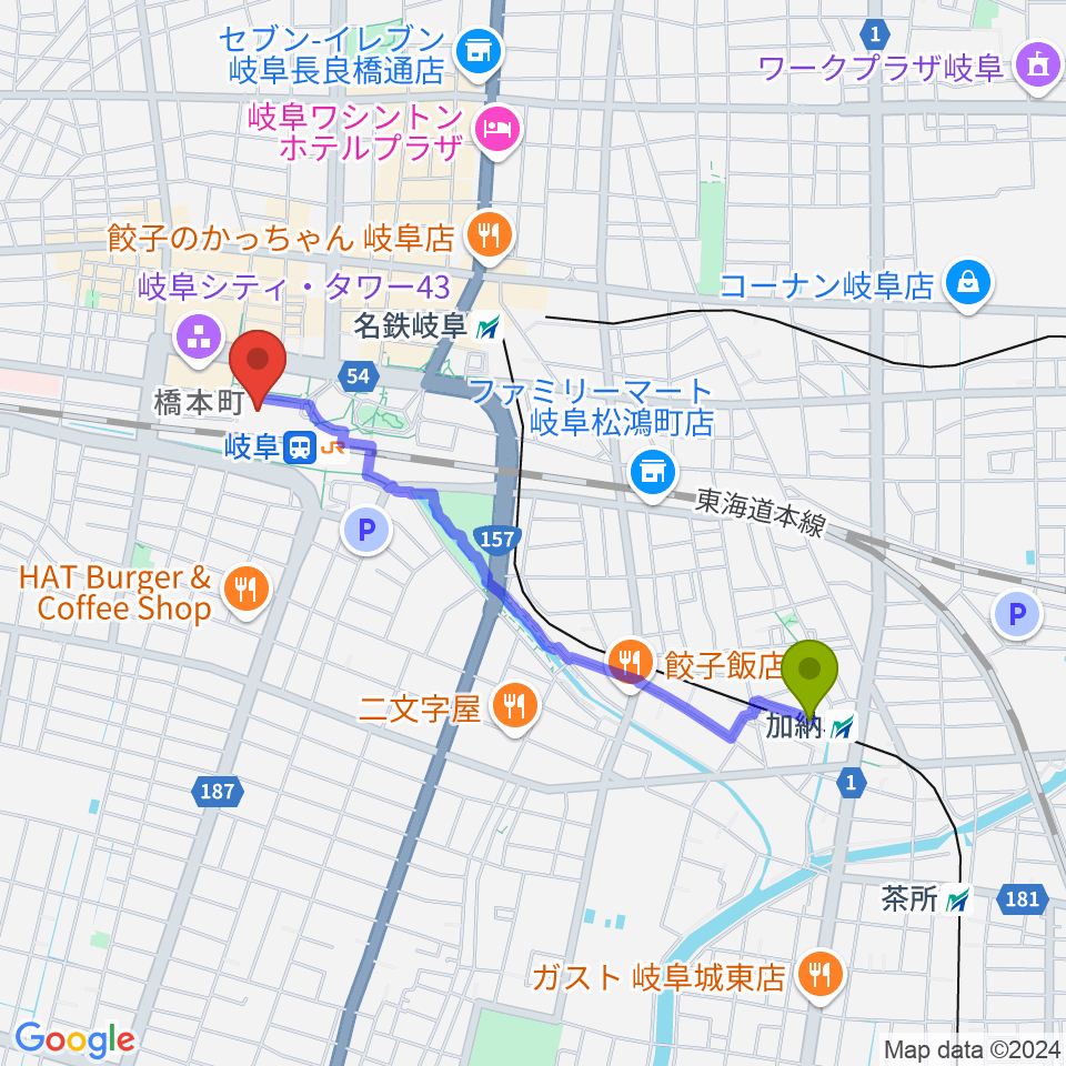 加納駅からじゅうろくプラザへのルートマップ地図